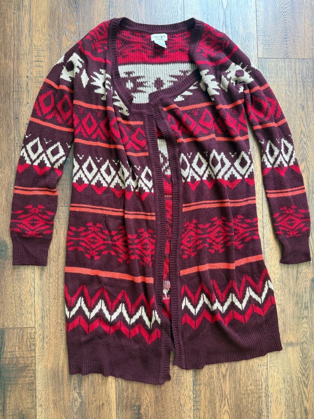 Southwestern Boho Long Cardigan Contempo Casuals S Burgundy Red Tribal 90s